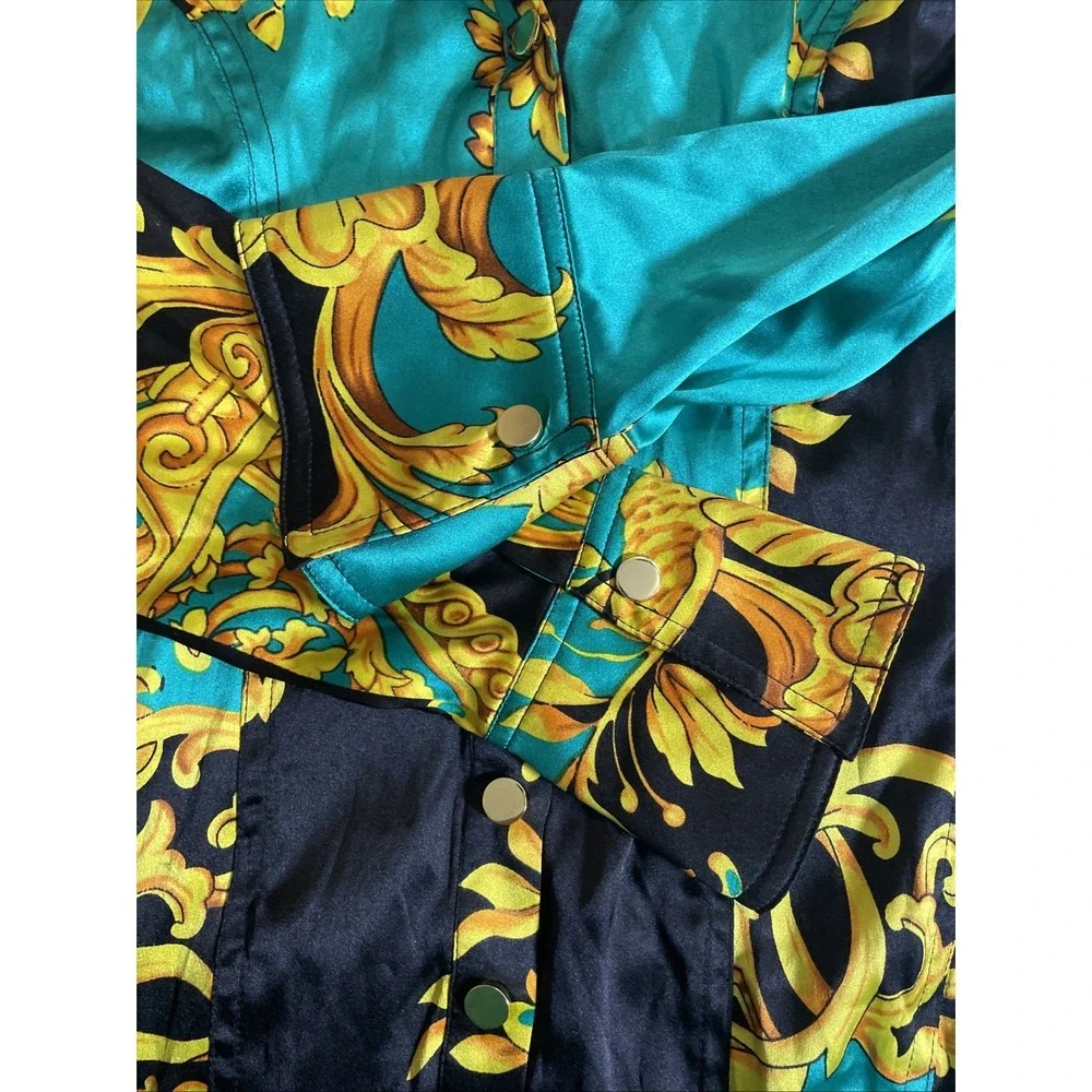 CACHE SILK GOLD BAROQUE  PRINT , BUTTON UP COLLARED SHIRT BLOUSE Women's Size XS